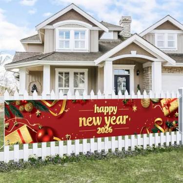 Imagem de HOMETITUTE 299 x 50 cm Feliz Ano Novo 2026 banner caixa de presente ouro vermelho ornamento fita design banner pendurado feriado grande cerca ao ar livre varanda decoração de parede ano novo cenário