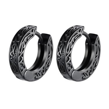 Imagem de Rockyu Brincos masculinos de argola com padrão de flor de aço inoxidável, estilo antigo, design esculpido, simples, leve, hipoalergênico, uso diário, presente, ミディアム, Aço inoxidável, Sem pedra