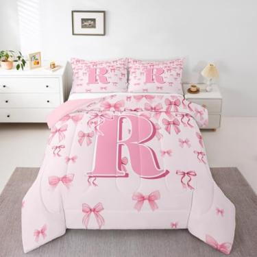 Imagem de jejeloiu Conjunto de cama com laço rosa, macio, para meninos e meninas, solteiro, letra R, edredom de microfibra, monograma, para decoração de quarto, 2 peças com 1 fronha