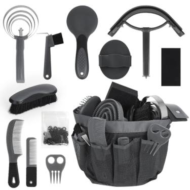 Imagem de inoreal Kit de cuidados para cavalos, 12 peças – conjunto completo de escovas e suprimentos de cuidados com bolsa organizadora, ferramentas de cuidados com casaco de equino, equipamento de quarto de