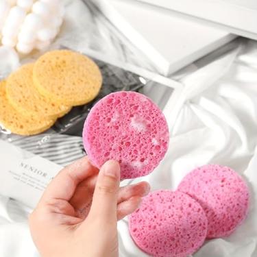 Imagem de Esponjas faciais comprimidas para limpeza facial diária e esfoliante, esponjas cosméticas de spa 100% naturais para removedor de maquiagem, reutilizáveis, brancas, 3 peças