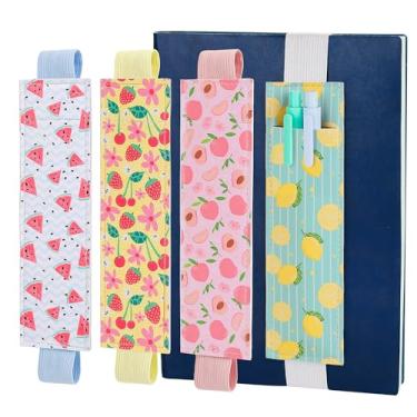 Imagem de GNUEYART 4 suportes de caneta de couro com faixa elástica colorida, 4 belos designs, 16 x 4,5 cm, suporte de caneta removível para notebook (ruit)