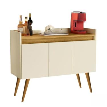 Imagem de Aparador Buffet Retrô com Pés de Madeira Maciça 3 ou 4 Portas Prateleira Organizadora para Sala e Entrada(Luxo 3 Off White Com Madeirado)