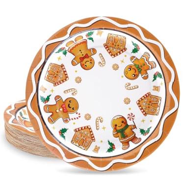 Imagem de Whaline 40 peças de pratos de papel de Natal, 23 cm, pratos de festa de homem de gengibre, prato descartável, prato de sobremesa para jantar e artigos de festa de Natal