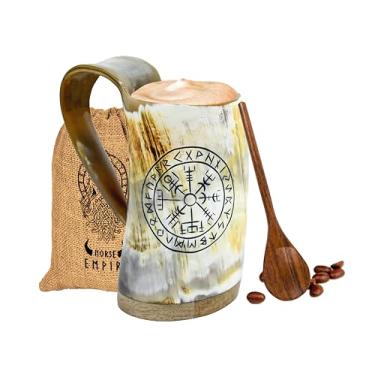 Imagem de NORSE EMPIRE Caneca de chifre viking - Caneca nórdica 100% autêntica de 340 g exclusiva feita à mão com chifre de boi viking para bebidas quentes e frias - presente para homens e mulheres - Copo de