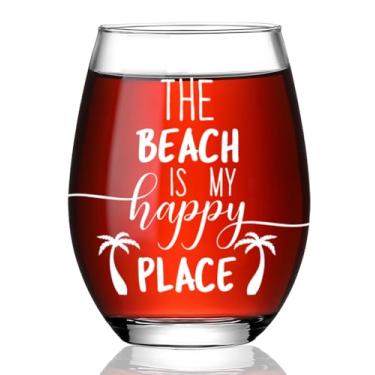 Imagem de Presentes temáticos bonitos de praia para mulheres, mães, amigos, colegas de trabalho, Beach Is My Happy Place, taça de vinho sem haste, presentes costeiros exclusivos para amantes do oceano