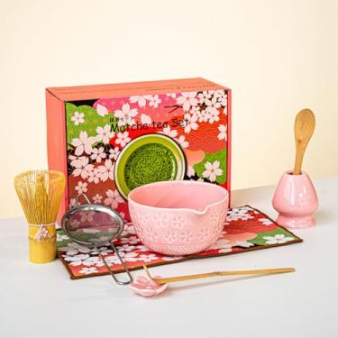 Imagem de Conjunto de Chá Matcha com Flor Cerejeira Estilo Japonês Tigela Cerâmica Borda Caixa Colorida Baiben Li Alto Nível Artesanato Exquisito Batedor 76 Dentes Ideal Presente Prático e Elegante Manutenção F
