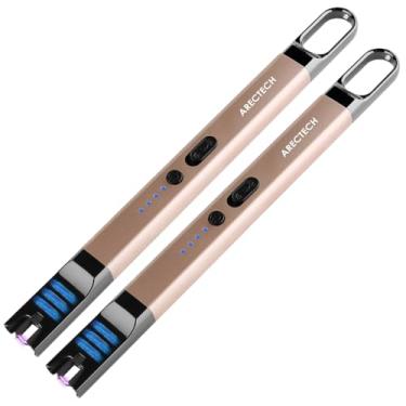 Imagem de ARECTECH Isqueiro elétrico recarregável USB longo guelra para cozinhar velas, acampamento, churrascos, fogos de artifício (ouro e ouro, pacote com 2)