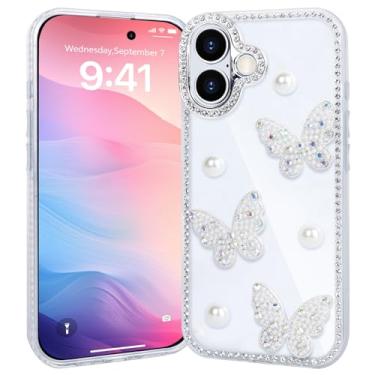 Imagem de SptPofp Capa para iPhone, Linda 3D Bling Glitter Brilhante Pérola Borboleta Estética Design Macio Amortecedor Protetor Slim Fina Capa de Telemóvel para iPhone Mulheres Meninas, Branca