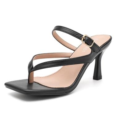 Imagem de Enelauge Sandálias femininas com tiras de salto gatinho chinelos mules quadrados bico aberto tanga salto sem cadarço casamento festa nupcial sapatos sociais, Preto fosco, 35