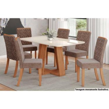 Imagem de Sala de Jantar Completa Lins c/ Tampo Madeirado c/ Vidro Curvo 160x90cm e 6 Cadeiras Esther Nature/Cacao - Henn