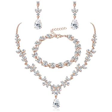 Imagem de sailimue Conjunto de joias de noiva de cristal para mulheres - Colar de strass pingente brincos pulseira para casamento, noiva, dama de honra, festa, formatura, Metal, Zircônia cúbica