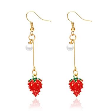 Imagem de LKingel Brincos de morango para mulheres, elegante, com laço de pérola, morango, acrílico, folha verde, morangos, brincos de frutas, joias modernas, presente para mulheres, Large, Metal, Sem pedra