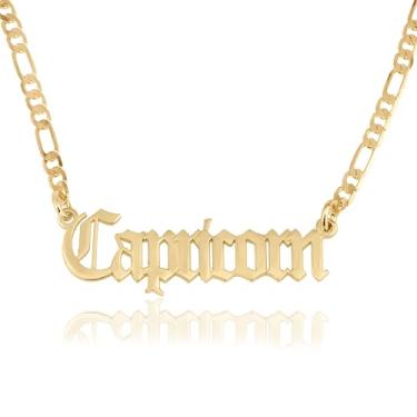 Imagem de Colar com nome do zodíaco para mulheres – placa de identificação gótica em inglês antigo na corrente Fígaro – 12 signos de astrologia e horóscopo, Medium, Banhado a ouro, Sem Pedra Preciosa