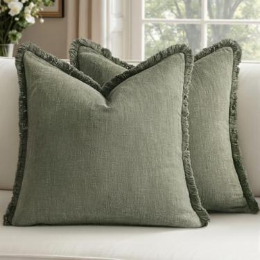 Imagem de Woaboy Conjunto de 2 fronhas decorativas de linho com franja Boho Farmhouse Euro fronhas de almofada com borlas para sala de estar, sofá, cama, cadeira, 66 x 66 cm, verde-oliva claro