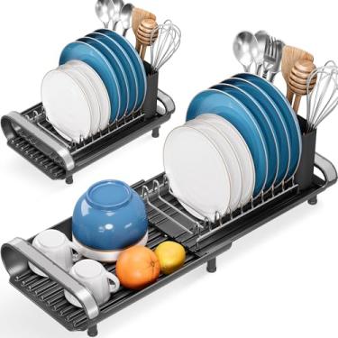 Imagem de Escorredor de pratos pequeno, mini escorredor de pratos compacto expansível, escorredor de pratos de aço inoxidável fino e extensível para armazenamento de pratos de cozinha, coador de pratos com