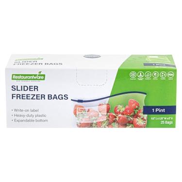 Imagem de Restaurantware Sacos deslizantes para freezer Bag Tek, 25 sacos descartáveis com zíper – Fundo expansível com zíper deslizante, sacos de plástico transparente para freezer com gravação na etiqueta