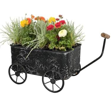 Imagem de Zokyntrix Carrinho de flores com alças de madeira, vasos de vagão de metal para plantas ao ar livre, plantador de jardim com rodas de vagão, carrinho de mão decorativo, carrinho de plantas para
