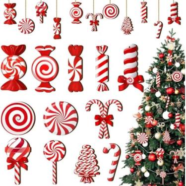 Imagem de 12 peças de enfeites de Natal 2D enfeites de bengala doce para decoração de árvore de Natal, cor doce com enfeite de pendurar de madeira para árvores de Natal, decorações penduradas para decoração de