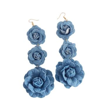 Imagem de Brincos longos com pingente de flor de camélia boho jeans para mulheres, 3 camadas, flor em camadas, pingente de gota, brincos banhados a ouro, joias chiques, presentes de casamento, noiva, 2.16*6.1