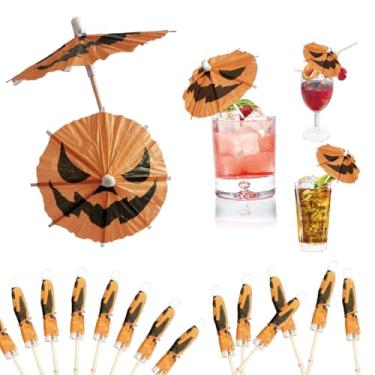 Imagem de 120 peças palhetas de guarda-chuva para bebidas de Halloween para coquetéis, mini papel abóbora, guarda-chuvas, palitos de dente, decoração assustadora, verão, verão, festas, copos, topos de cupcake