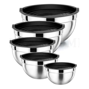 Imagem de Bowl Inox，Kit Jogo 5 Tigela Inox Cumbuca Bowl Conjunto Bacia Salad，Com Tampa，Capacidade Profunda Multifuncional，Adequado para Armazenar Alimentos e Preparar Ingredientes