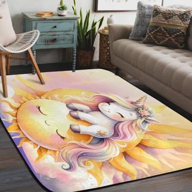 Imagem de Tapete de área para sala de estar, lavável à máquina, lindo sol, unicórnio, tapete antiderrapante, tapete macio para sala de estar, quarto, sala de jantar, berçário, cozinha, decoração de casa