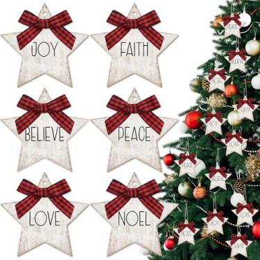Imagem de Vercraft 24 peças de enfeites de estrela de Natal enfeites de madeira para pendurar estrelas de fazenda com laços, pingentes de madeira para árvore de Natal, casa, igreja, decoração de festa