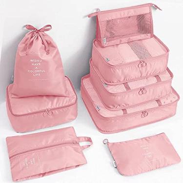 Imagem de 8 Conjunto de Cubos Embalagem para Malas Organizadores Bagagem Viagem com Design Malha Alça Fivela Fecho Zipper Reforçado Bilateral Sacolas Armazenamento Roupas Itens Higiene Cosméticos Sapatos Equipa