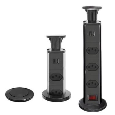 Imagem de Torre De Tomadas De Embutir Retrátil, Multi-Plug: Usb + Usb C (PD), 3 Tomadas, Filtro De Linha, Extensão Elétrica, Ideal Para Bancadas, Mesas, Praticidade, Segurança e Organização, Cabo 1,8mts.