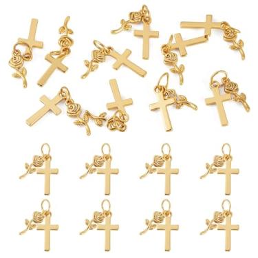 Imagem de Boutigem Pingentes de crucifixo dourado banhado a ouro 18 K com cruz de latão banhado a ouro 18 K com pingentes de cruz de metal com anéis de salto para colar, brinco, pulseira, fabricação de joias