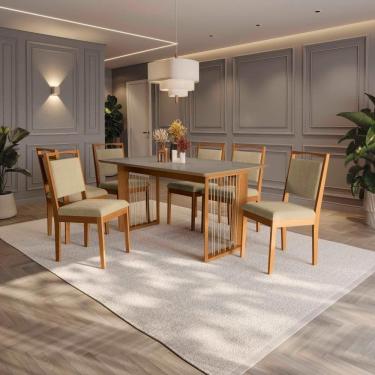 Imagem de Conjunto Sala De Jantar Lina Em Madeira Maciça 6 Cadeiras Boucle Bege