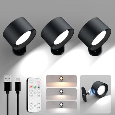 Imagem de Luzes de leitura LED, arandelas montadas na parede, bateria recarregável, esfera magnética de rotação de 360° para quarto, estudo, decoração de casa (preto, 3 peças)