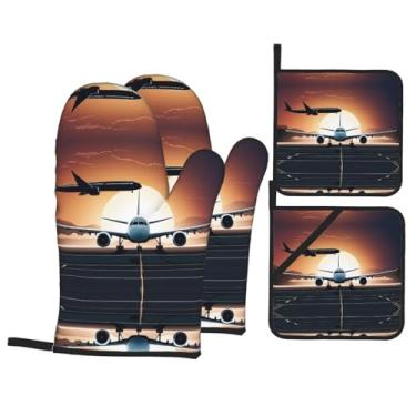 Imagem de Mochila de avião - Conjunto de luvas de cozinha estampadas com suportes de tampa, luvas de forno resistentes ao calor para manusear panelas quentes, grelhar, churrascos, kit de 4 peças.