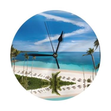 Imagem de ZERAOKE Praia e palmeira - Relógio de parede redondo moderno - silencioso sem tique-taque operado por bateria, decoração de mesa ou parede para sala de estar, quarto, escritório.