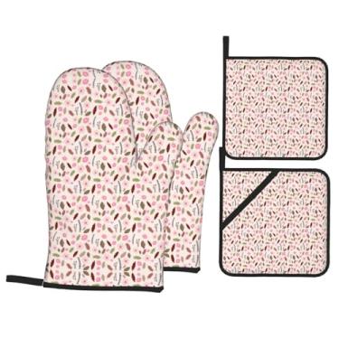Imagem de Flores - Conjunto de luvas de cozinha estampadas com suportes de tampa, luvas de forno resistentes ao calor para manusear panelas quentes, grelhar, churrascos, kit de 4 peças.