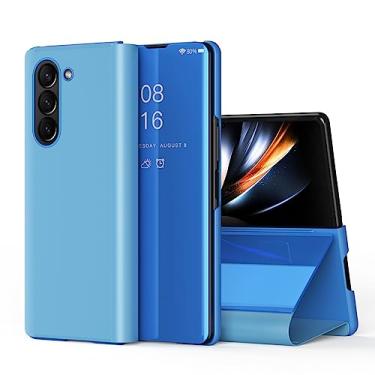 Imagem de COTDINFOR Compatível com Samsung Galaxy Z Fold 5 Capa espelhada de couro com glitter transparente com suporte, design de suporte, capa à prova de choque para Samsung Galaxy Z Fold 5 azul espelhado