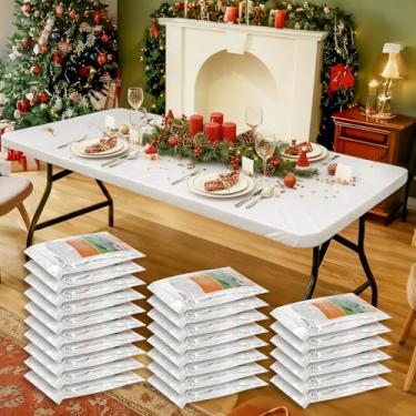 Imagem de Boao 24 peças de toalhas de mesa de plástico de verão retangulares toalhas de mesa de piquenique elásticas, descartáveis à prova d'água para acampamento, ambientes internos e externos (branco, 2,8 m