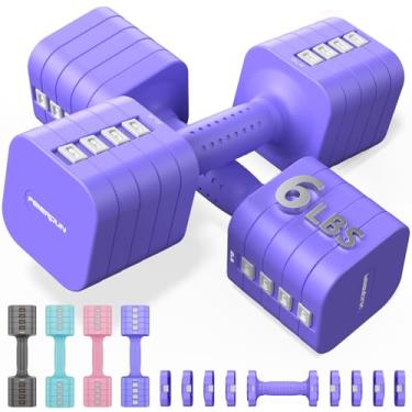 Imagem de FEIERDUN Conjunto de 2 halteres ajustáveis 5 em 1, pesos de mão de 5,4 kg/2,7 kg para mulheres, conjunto de halteres estáveis duplos de ajuste 1s para mulheres, academia em casa e ao ar livre, roxo