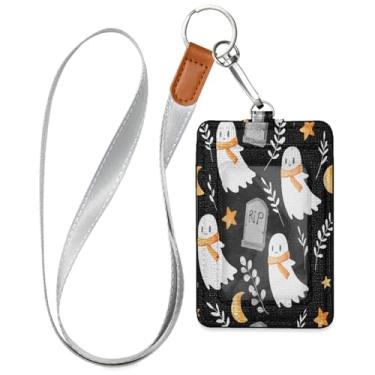 Imagem de Wassud Porta-crachá de couro PU com cordão, porta-cartão de identificação para trabalho, cordão de pescoço com compartimentos para cartões de crédito, funcionários, estudantes, 39,9 cm