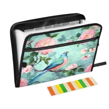 Imagem de Wassud Bird on Rose Branch Organizador de arquivos sanfonado com 13 bolsos, pastas de arquivos expansíveis com abas e adesivos, tamanho carta A4, papel para recibos, documentos, pasta organizadora