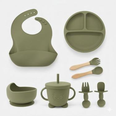 Imagem de Kit Refeição 8 peças Alimentação do Bebê SiliconeTalheres com Ventosa Canudo Babador Cata migalha