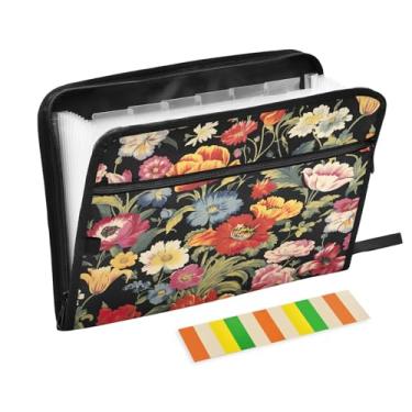 Imagem de Wassud Pasta organizadora de arquivos de papel A4 com estampa floral vibrante, pasta organizadora de documentos com etiquetas, pasta de arquivos expansível, 13 bolsos
