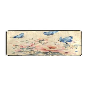Imagem de Burbuja Tapete retrô de flores rosa borboleta 61 x 183 cm, tapete lavável antiderrapante com suporte de borracha, tapete para sala de estar, corredor, decoração de casa