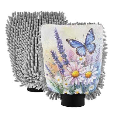 Imagem de CEBUGI Luvas de lavagem de carro Wildflowers Daisies Pacote com 2 luvas de microfibra sem arranhões para carros, caminhões, SUVs e mais
