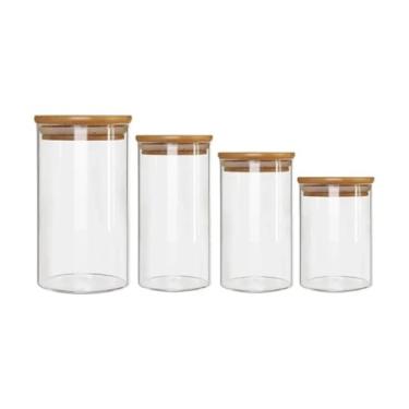 Imagem de Kit 4 Potes de Vidro com Tampa de Bambu Hermética – 2,3L / 1,4L / 1L / 600ml / 450ml – Organização de Cozinha e Despensa