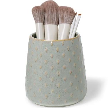 Imagem de QUXIJA Porta-pincéis de maquiagem de cerâmica, penteadeira e bancada de banheiro de fazenda, copo de pincéis para cosméticos de banheiro, batons, armazenamento de mesa (cinza vintage)