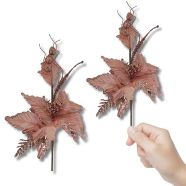 Imagem de 2 Flores, Artificiais Realistas | Decoração Natalina 47cm Rosê com Glitter | para Árvore de Natal, pinheiro, mesa, ceia de Natal, Enfeite de aniversário, casamento e Festas de Final de Ano