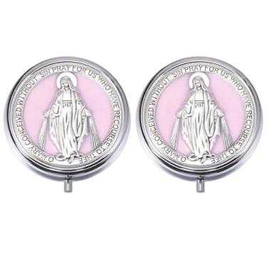 Imagem de Weyuley 2 caixas de joias religiosas da Virgem Maria, adequada para guardar contas de rosário, pequenos acessórios e lembranças ao receber a primeira comunhão. (rosa)