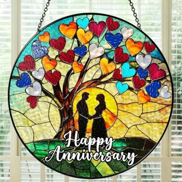 Imagem de Bozspacer Protetor solar de vitral de feliz aniversário, presente de casamento romântico para esposa, marido ou casais, decoração de lembrança de comemoração de aniversário de casamento